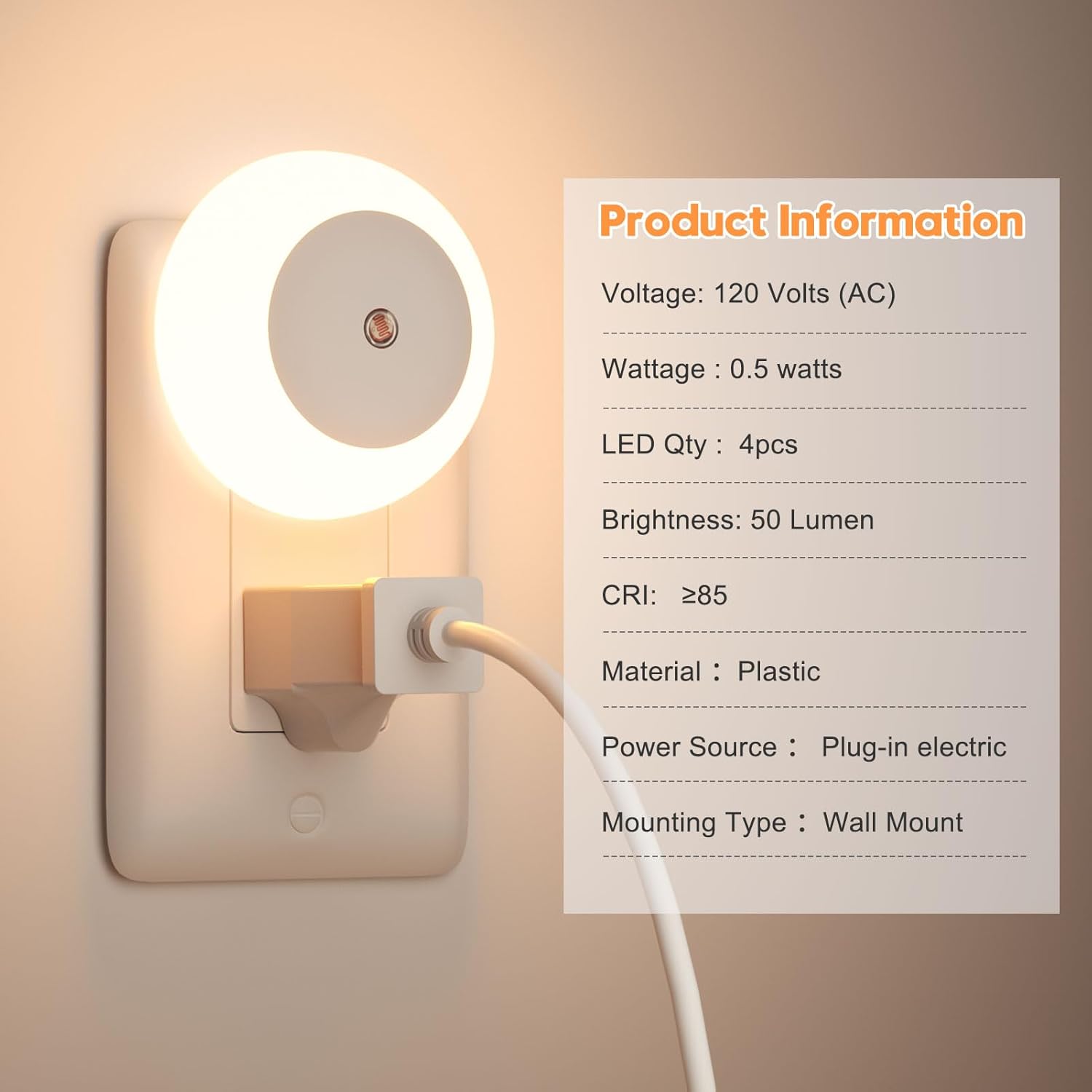 Night Light, Night Lights Plug into Wall, Dusk to Dawn Sensor Warm White Led Night Light 0.5W