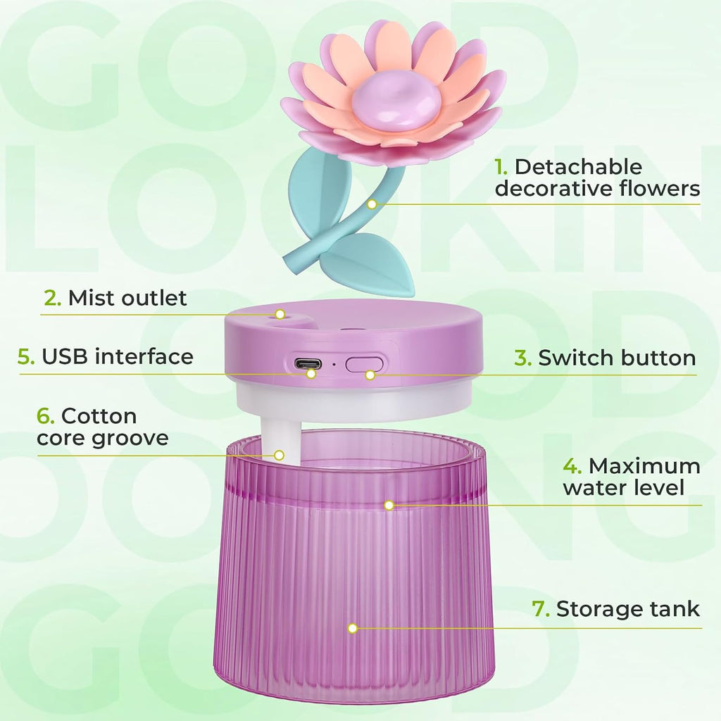 Cute Flower Mini Humidifier, 260ml Sunflower Desktop Humidifiers for Bedroom, Portable Small Cool Mist Humidification for Home, Baby Nursery