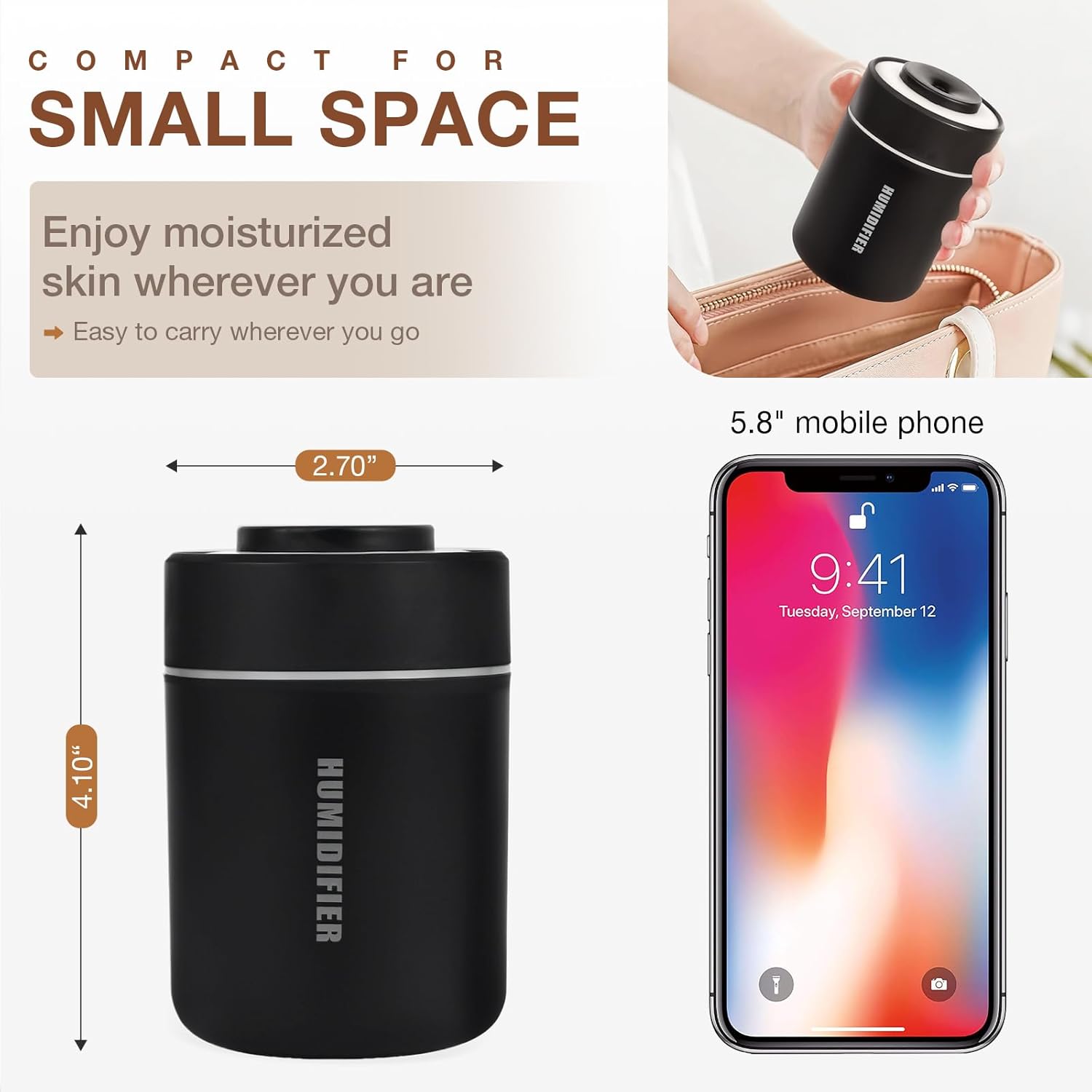 Portable Mini Humidifier, 180ml USB Cool Mist Small Humidifiers for Bedroom, Personal Desktop Humidification for Car Office Travel & Indoor Plants